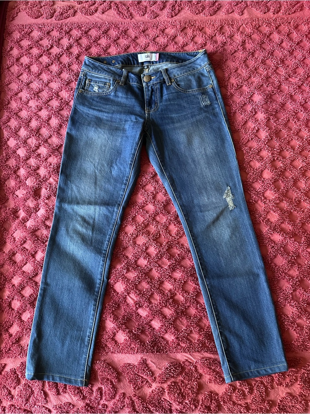 CAbi Women's Straight Leg Jeans in Medium Blue with Light Distressing